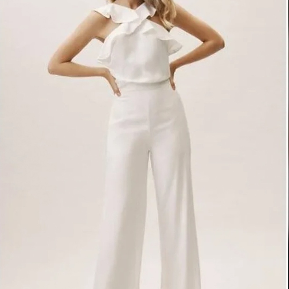 Monique Lhuillier White Ruffle Jumpsuit